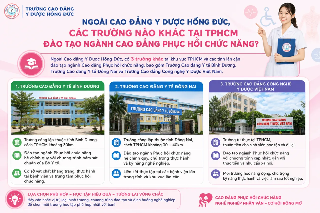 Ngoài Cao đẳng Y Dược Hồng Đức, các trường nào khác tại TPHCM đào tạo ngành Cao đẳng Phục hồi chức năng?